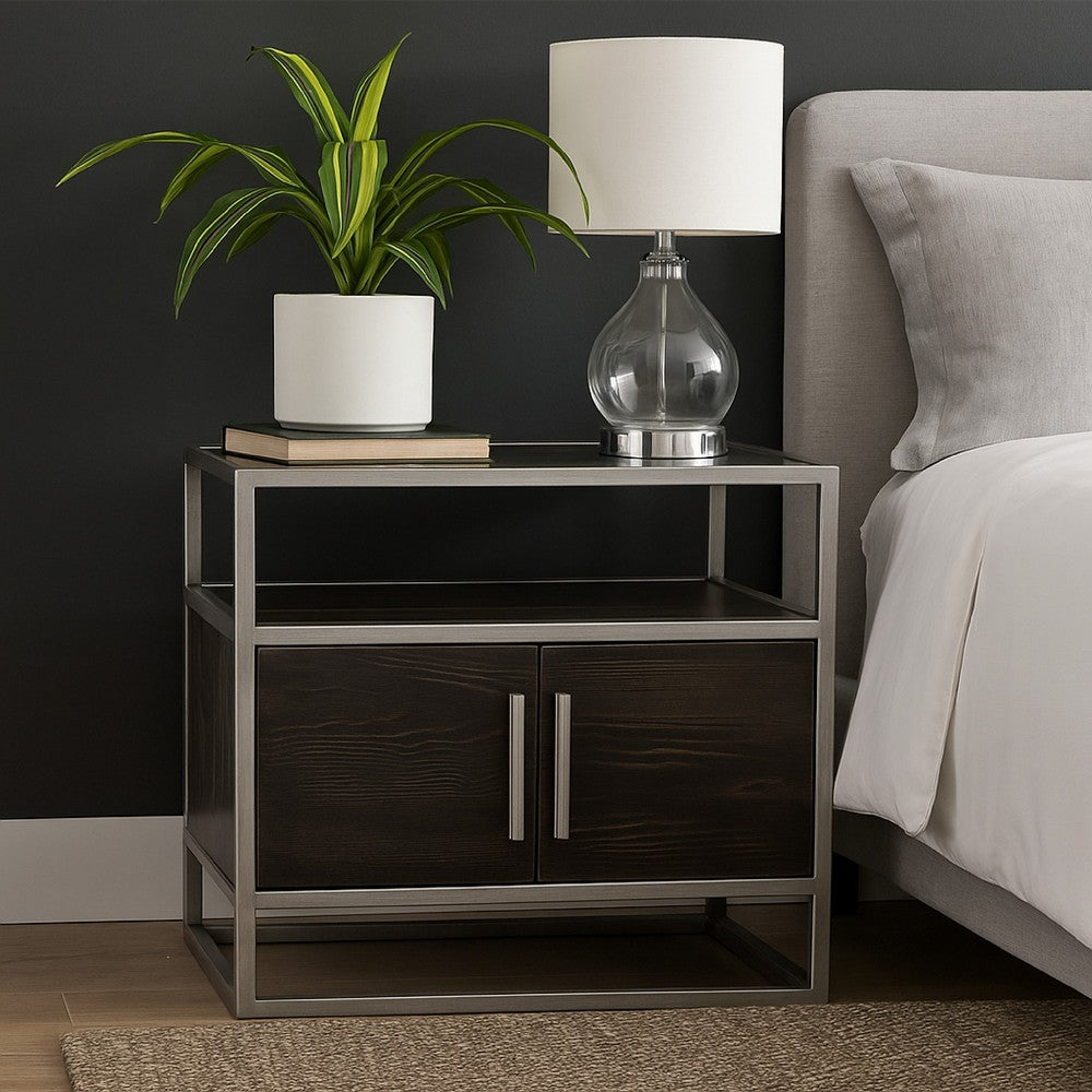 Chek 26 Inch Side Table Nightstand, 2 Doors, 1 Shelf,  Dark Brown, Silver Steel - BM338864