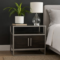 Chek 26 Inch Side Table Nightstand, 2 Doors, 1 Shelf,  Dark Brown, Silver Steel - BM338864
