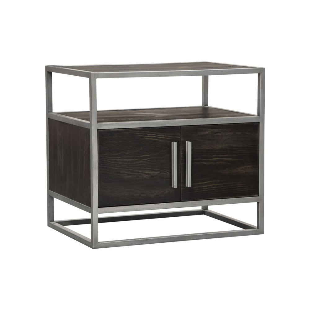 Chek 26 Inch Side Table Nightstand, 2 Doors, 1 Shelf,  Dark Brown, Silver Steel - BM338864