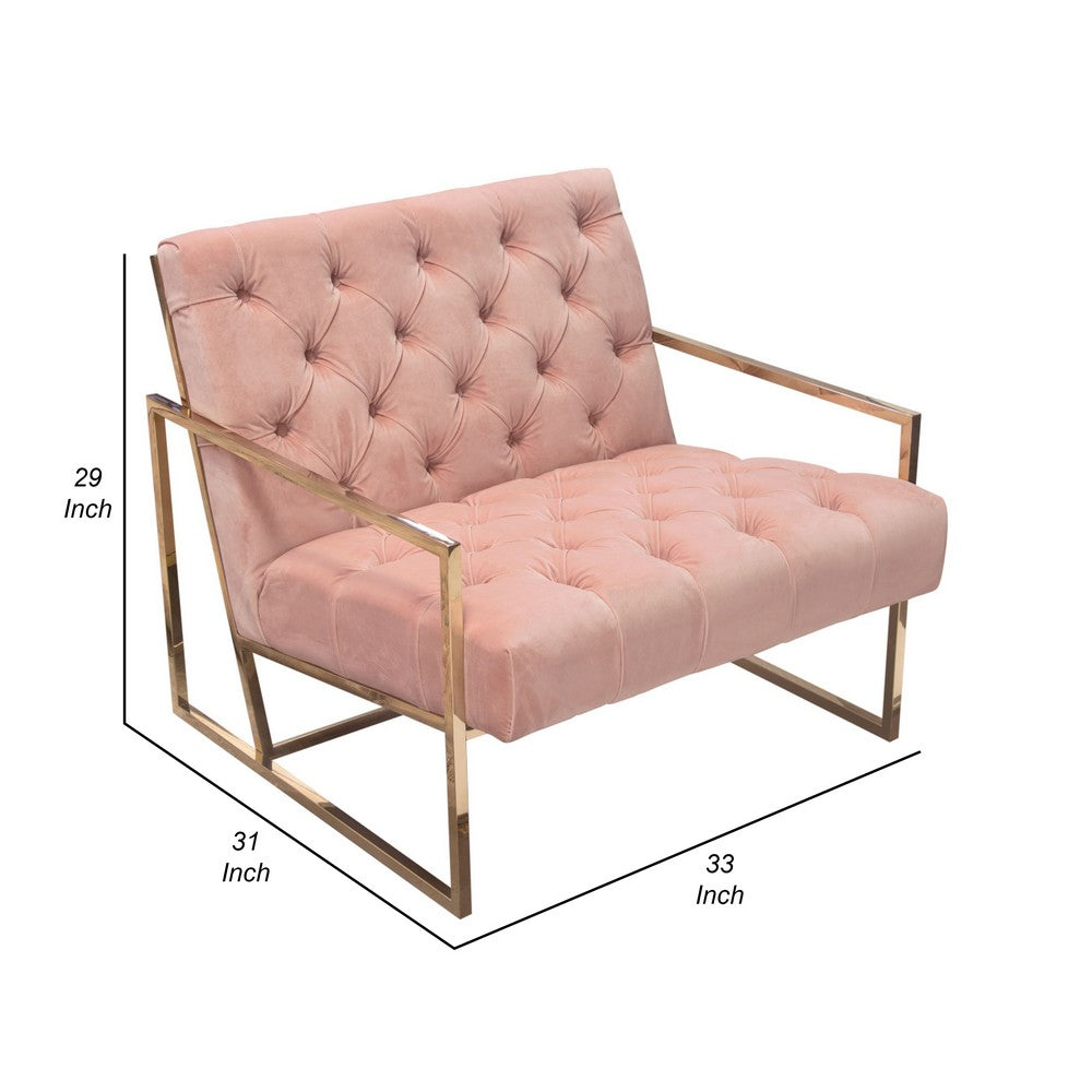 Masy Accent Armchair, Diamond Tufted Blush Pink Velvet, Gold Steel - BM338882
