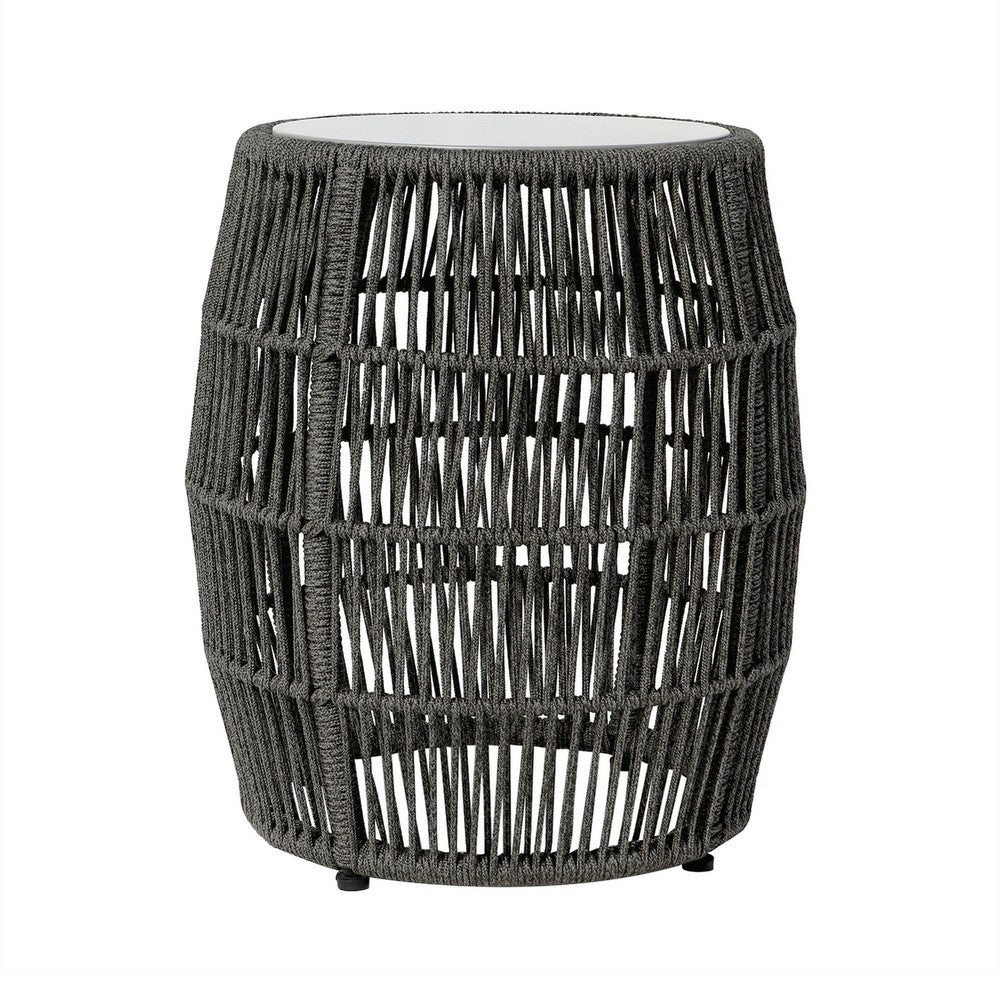 Himo Outdoor End Table, Charcoal Gray Rope Body, 19 Inch Round Superstone Top - BM338898