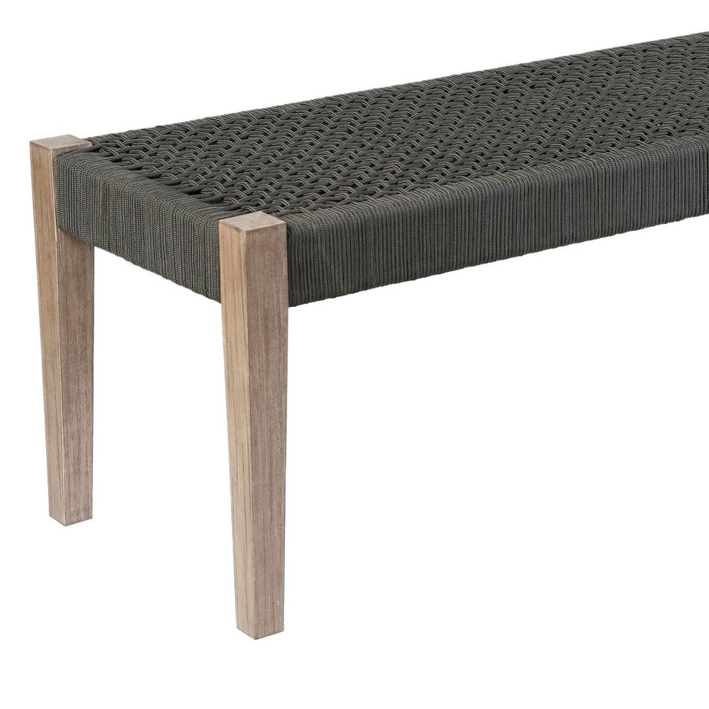 Rwan Patio Dining Bench, 71 Inch Gray Woven Seat, Brown Wood Frame - BM338899