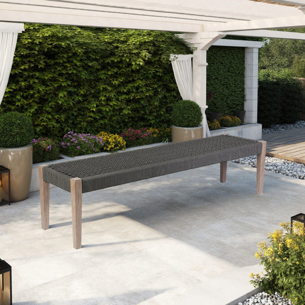 Rwan Patio Dining Bench, 71 Inch Gray Woven Seat, Brown Wood Frame - BM338899