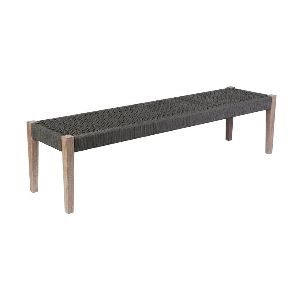 Rwan Patio Dining Bench, 71 Inch Gray Woven Seat, Brown Wood Frame - BM338899