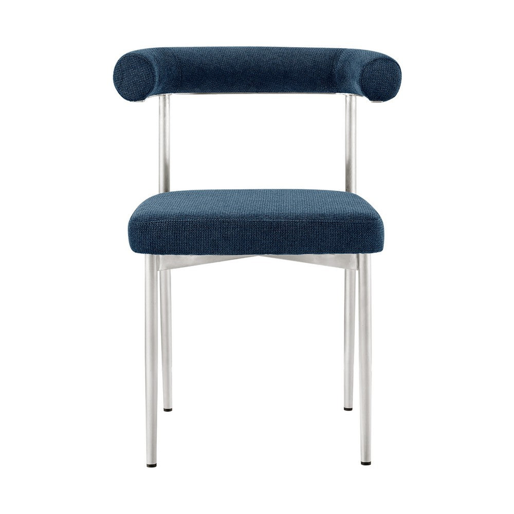 Shany Dining Chair Set of 2, Curved Back Brushed Steel, Blue Polyester - BM339081