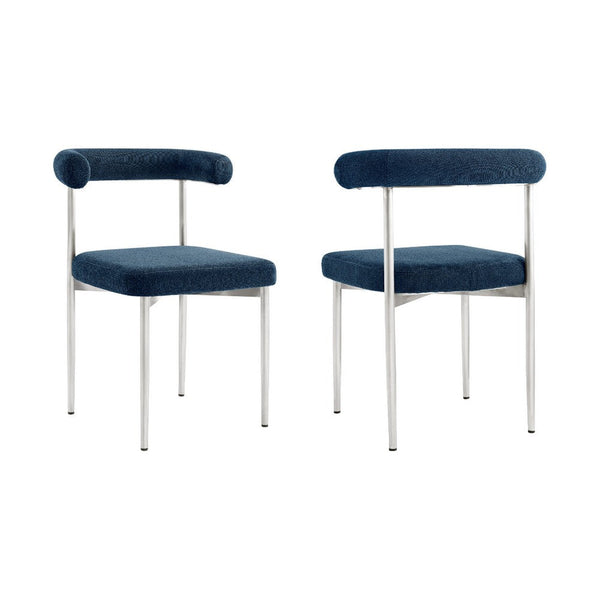 Shany Dining Chair Set of 2, Curved Back Brushed Steel, Blue Polyester - BM339081