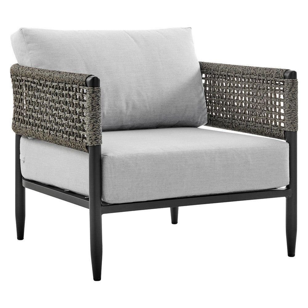 Adiy Outdoor Curved Club Chair, PVC Woven Rope, Black Metal, Light Gray - BM339103