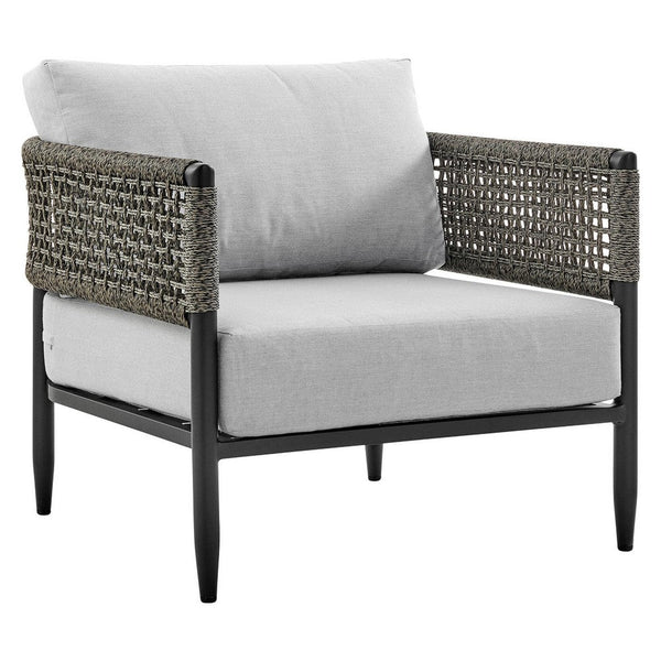 Adiy Outdoor Curved Club Chair, PVC Woven Rope, Black Metal, Light Gray - BM339103