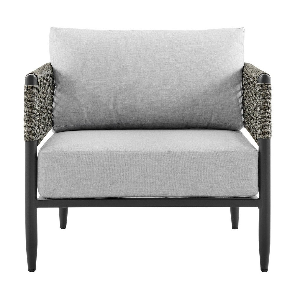 Adiy Outdoor Curved Club Chair, PVC Woven Rope, Black Metal, Light Gray - BM339103