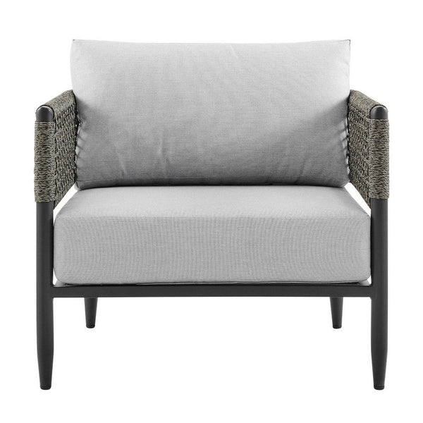 Adiy Outdoor Curved Club Chair, PVC Woven Rope, Black Metal, Light Gray - BM339103