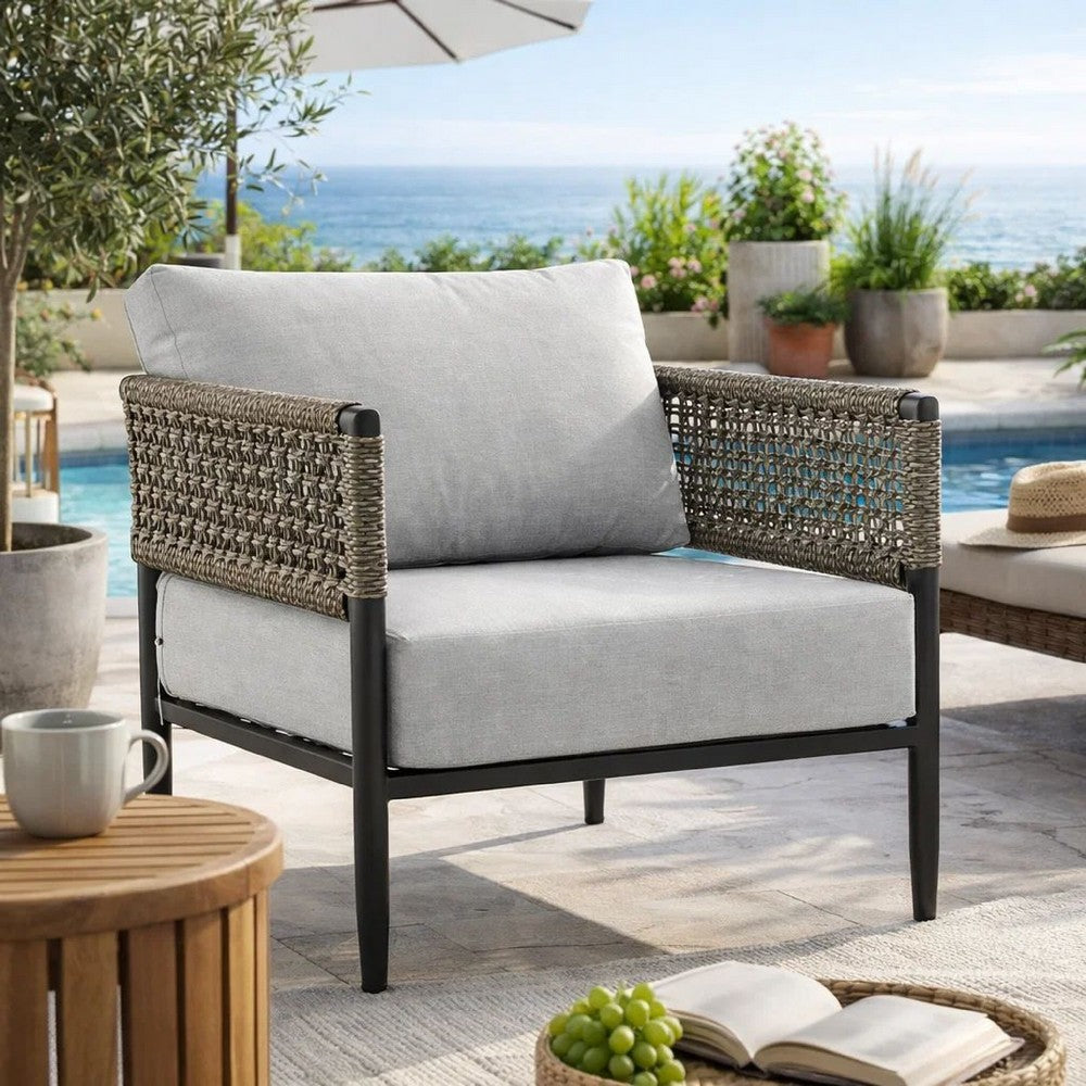 Adiy Outdoor Curved Club Chair, PVC Woven Rope, Black Metal, Light Gray - BM339103