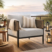 Adiy Outdoor Curved Club Chair, PVC Woven Rope, Black Metal, Light Gray - BM339103