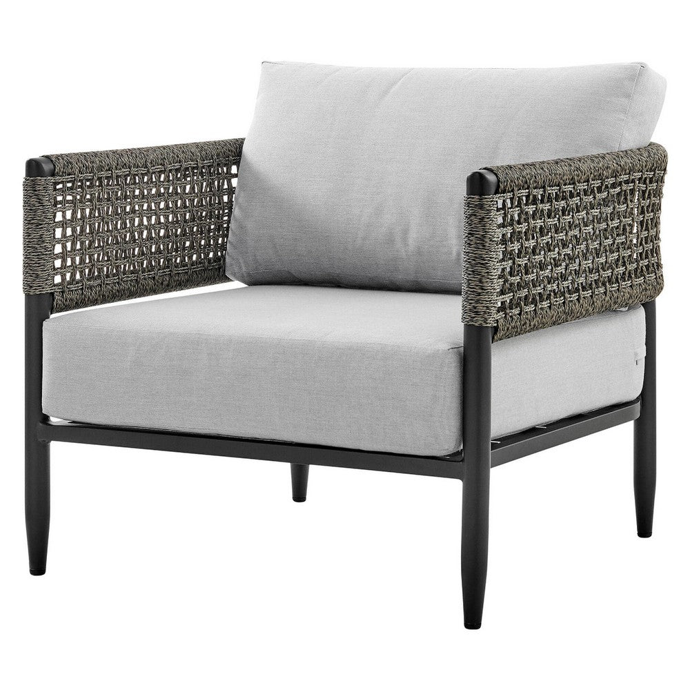 Adiy Outdoor Curved Club Chair, PVC Woven Rope, Black Metal, Light Gray - BM339103