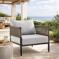 Adiy Outdoor Curved Club Chair, PVC Woven Rope, Black Metal, Light Gray - BM339103