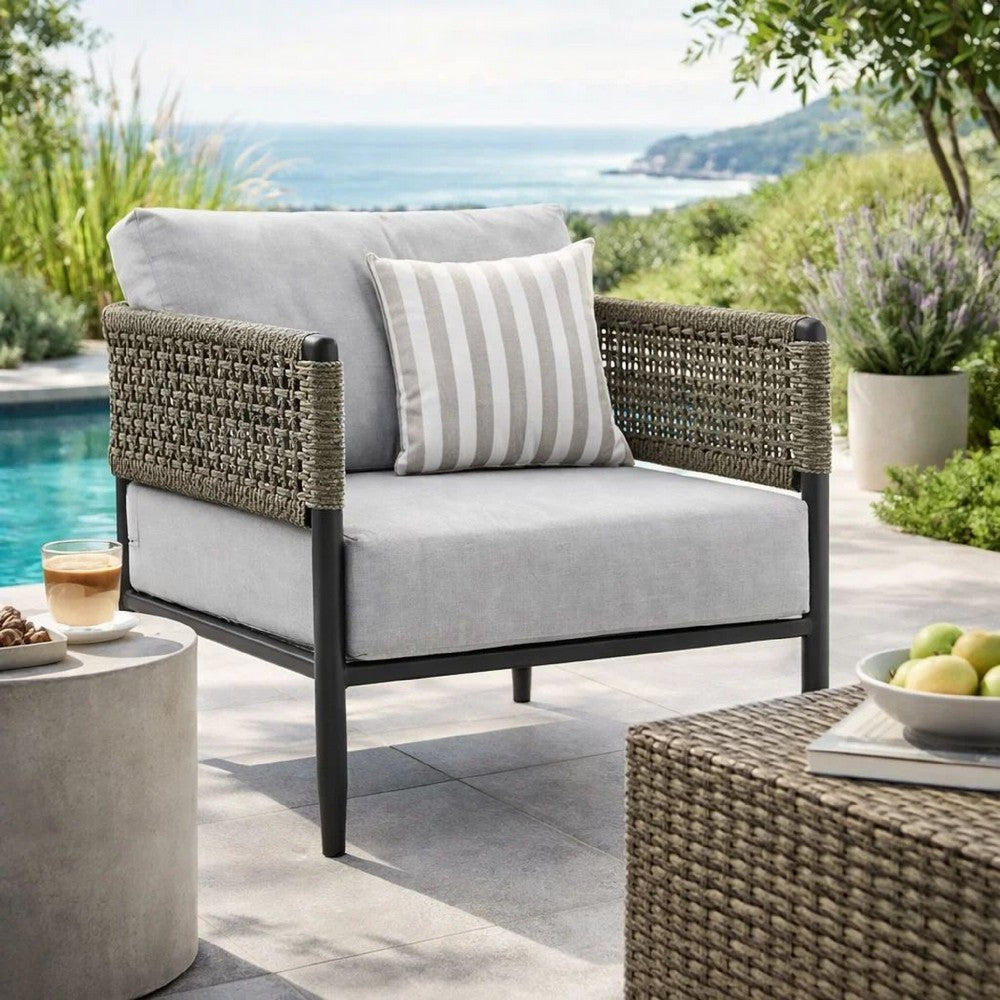 Adiy Outdoor Curved Club Chair, PVC Woven Rope, Black Metal, Light Gray - BM339103