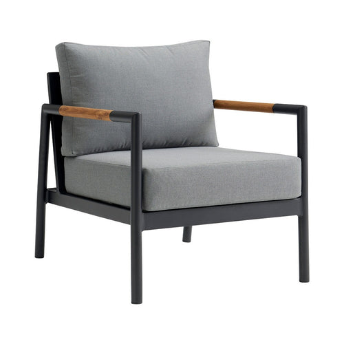 Razi Outdoor Club Chair with Teak Armrests, Black Metal, Dark Gray - BM339109