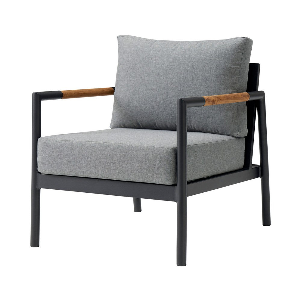 Razi Outdoor Club Chair with Teak Armrests, Black Metal, Dark Gray - BM339109
