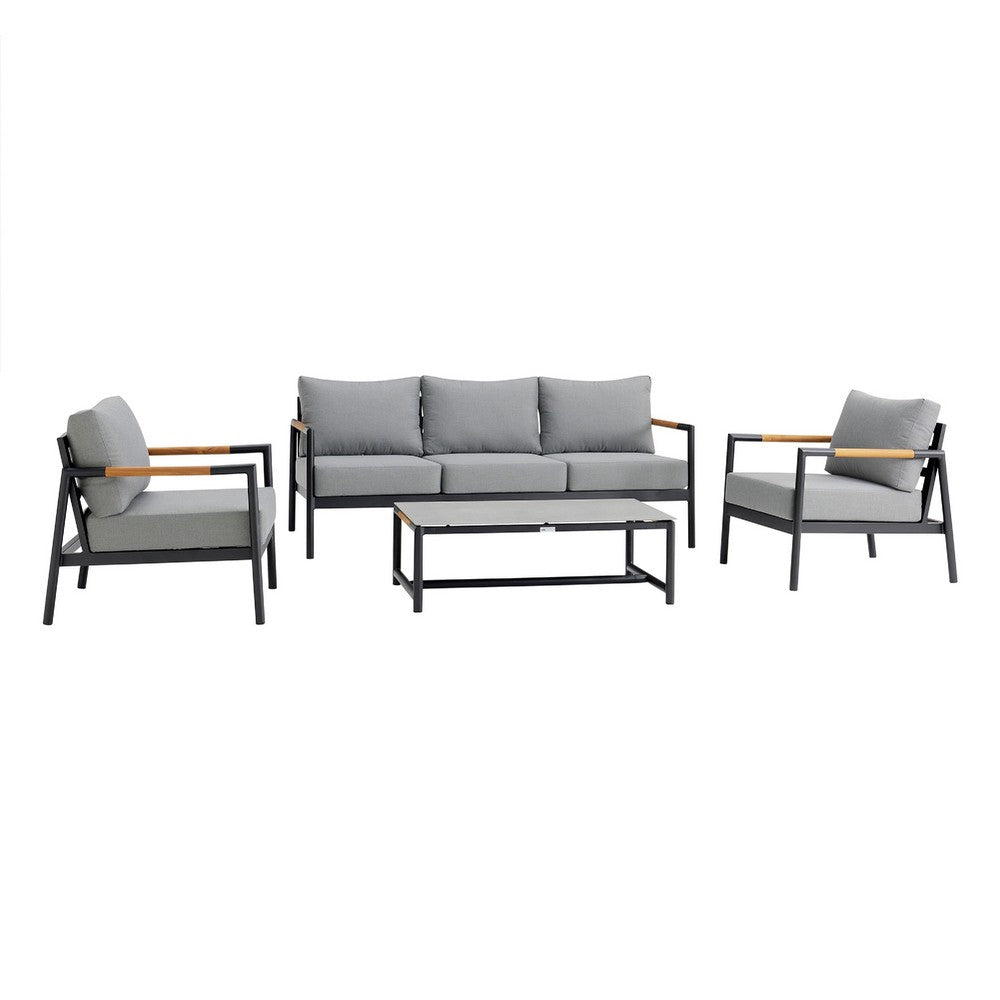 Razi Outdoor Coffee Table, Teak and Stone Glass, Gray Metal 43 Inch - BM339111