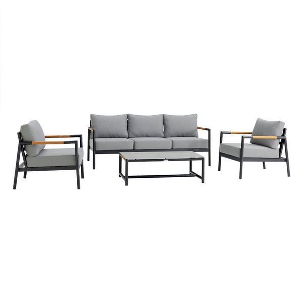 Razi Outdoor Coffee Table, Teak and Stone Glass, Gray Metal 43 Inch - BM339111