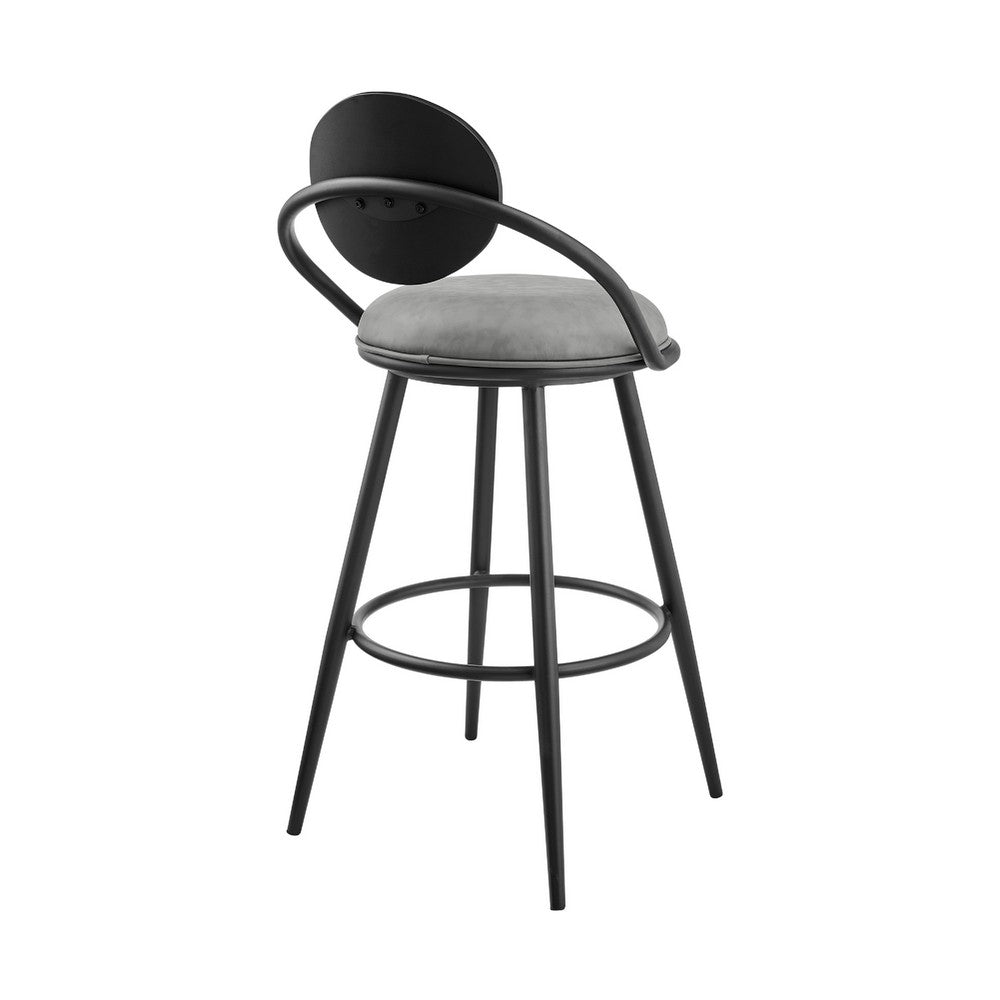 Carny Swivel Barstool Chair, Black Iron, Wood Back, Gray Faux Leather - BM339116