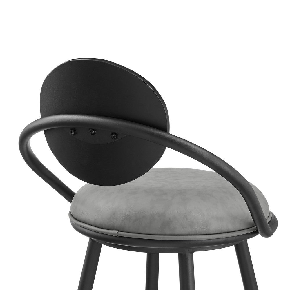 Carny Swivel Barstool Chair, Black Iron, Wood Back, Gray Faux Leather - BM339116