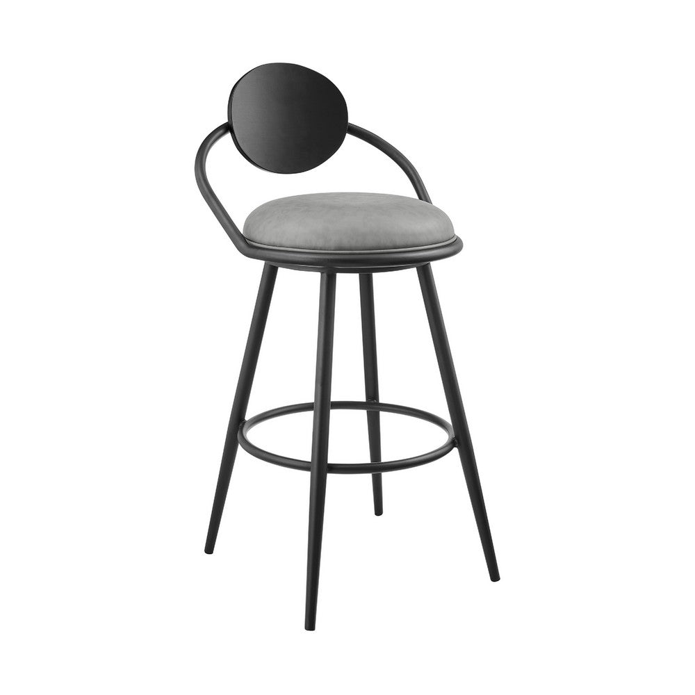 Carny Swivel Barstool Chair, Black Iron, Wood Back, Gray Faux Leather - BM339116