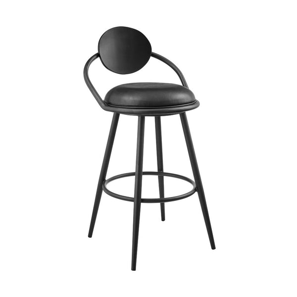 Carny Swivel Barstool Chair, Black Iron, Wood Back, Black Faux Leather - BM339118