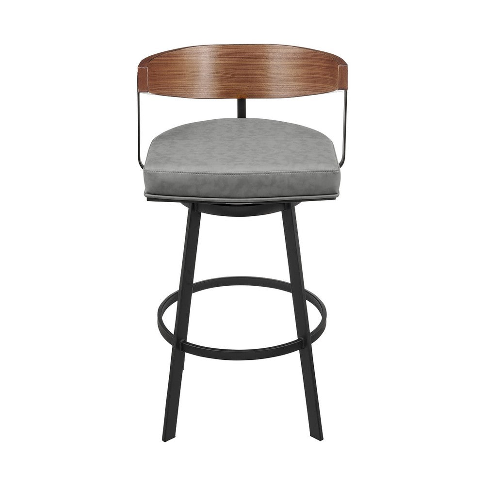 Lasie Swivel Barstool Chair, Barrel Back, Walnut Brown, Gray Faux Leather - BM339124