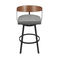 Lasie Swivel Barstool Chair, Barrel Back, Walnut Brown, Gray Faux Leather - BM339124