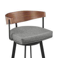 Lasie Swivel Barstool Chair, Barrel Back, Walnut Brown, Gray Faux Leather - BM339124