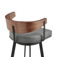 Lasie Swivel Barstool Chair, Barrel Back, Walnut Brown, Gray Faux Leather - BM339124