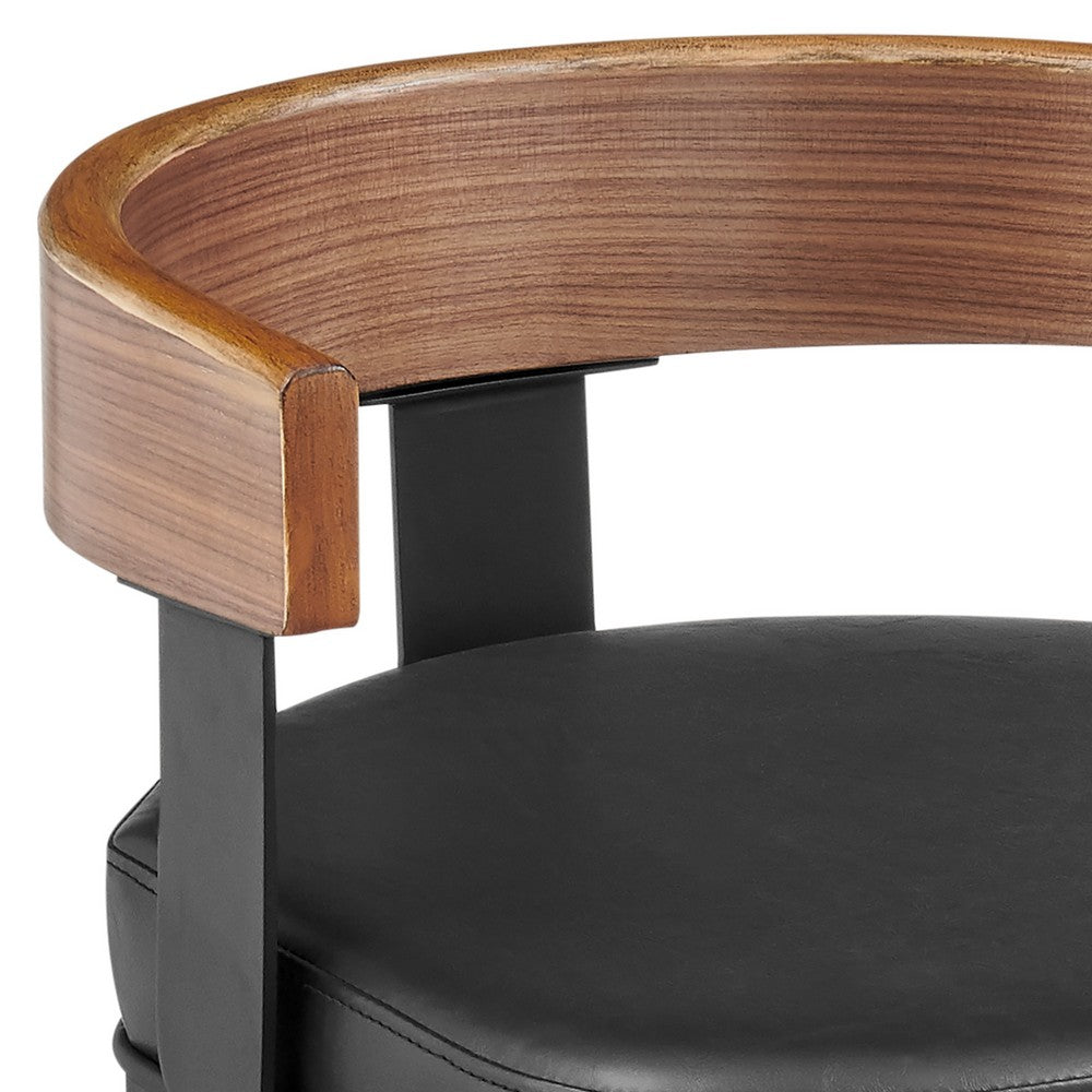 Idri Swivel Barstool Chair, Curved Back, Walnut Brown, Black Faux Leather - BM339128