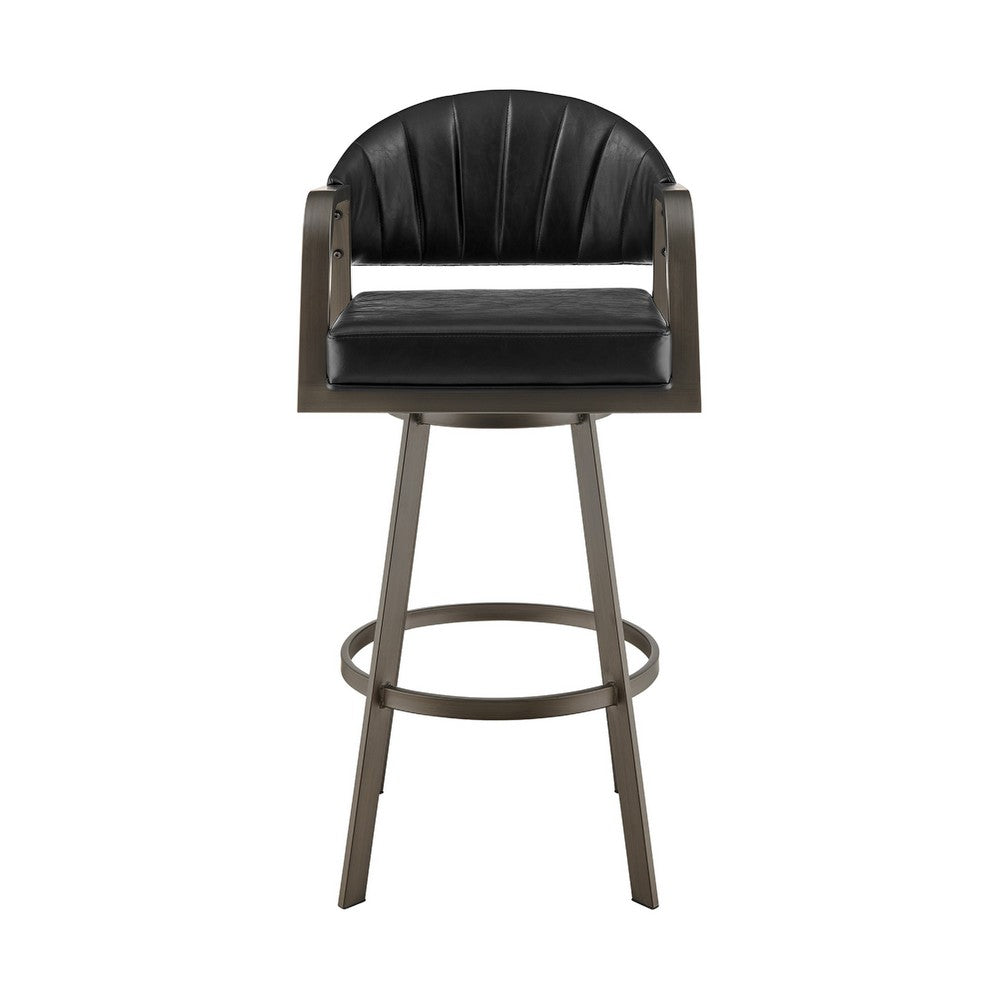 Marcy Swivel Counter Stool Chair, Gray Iron, Black Tufted Faux Leather - BM339129