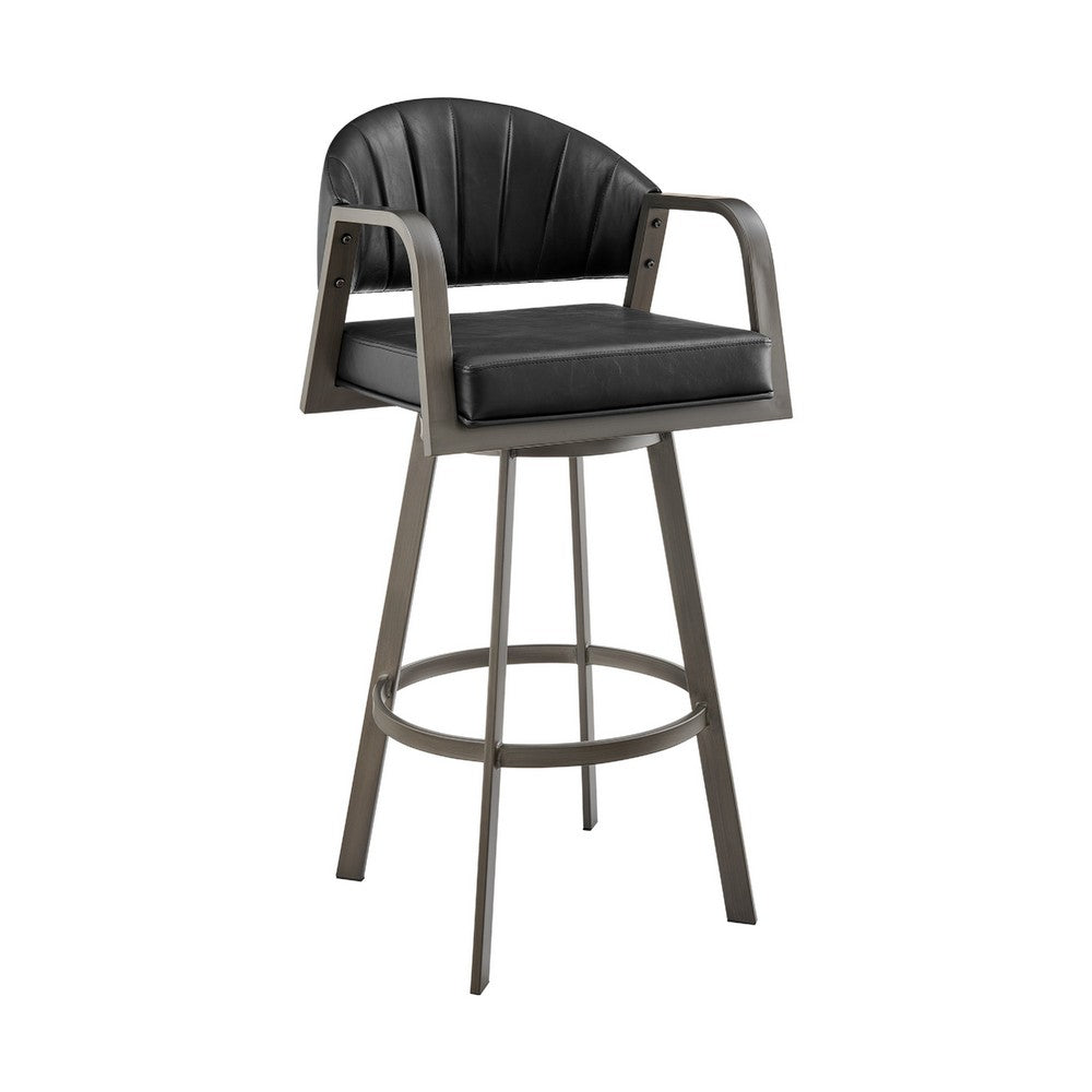 Marcy Swivel Counter Stool Chair, Gray Iron, Black Tufted Faux Leather - BM339129