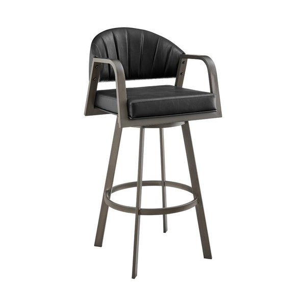 Marcy Swivel Barstool Chair, Iron Frame, Black Channel Tufted Faux Leather - BM339130
