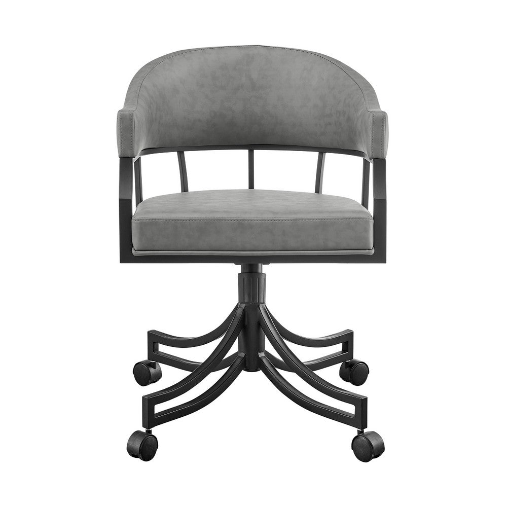 Tibby Swivel Dining Chair, Tilt Rolling, Black Iron, Gray Faux Leather - BM339133