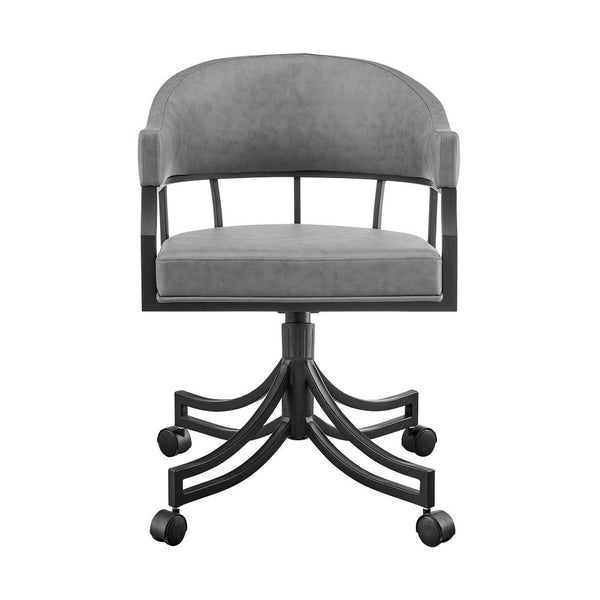 Tibby Swivel Dining Chair, Tilt Rolling, Black Iron, Gray Faux Leather - BM339133