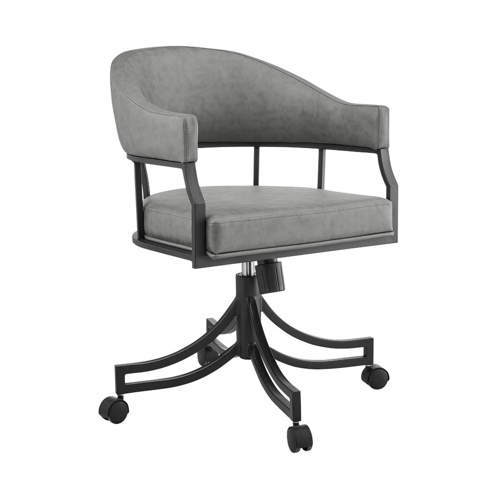 Tibby Swivel Dining Chair, Tilt Rolling, Black Iron, Gray Faux Leather - BM339133
