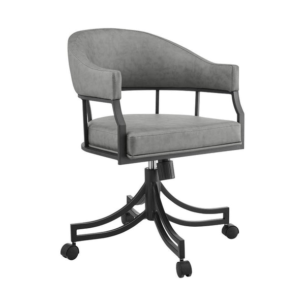 Tibby Swivel Dining Chair, Tilt Rolling, Black Iron, Gray Faux Leather - BM339133