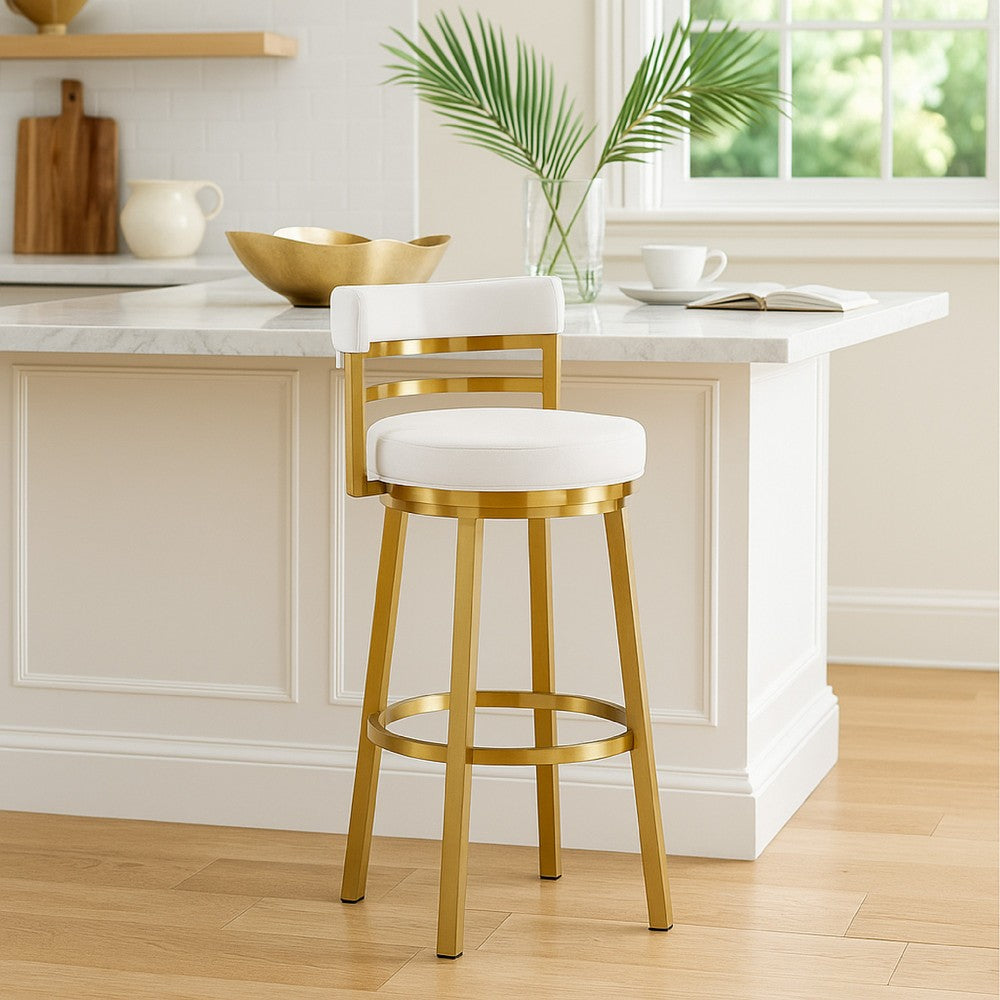 Maxi Swivel Counter Stool Chair, Gold Steel Frame, White Faux Leather - BM339137