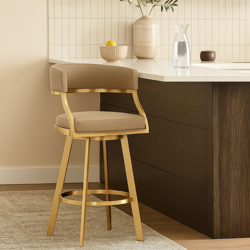 Beth Swivel Counter Chair, Gold Brushed Steel, Sand Brown Faux Leather - BM339141