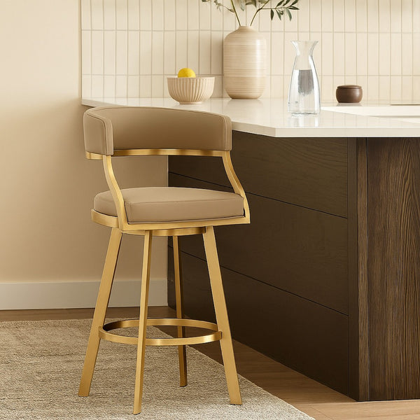 Beth Swivel Counter Chair, Gold Brushed Steel, Sand Brown Faux Leather - BM339141