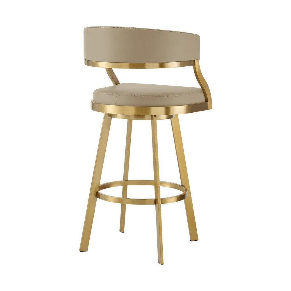 Beth Swivel Barstool Chair, Gold Steel, Sand Brown Faux Leather - BM339142