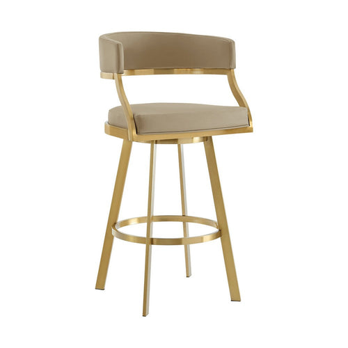 Beth Swivel Barstool Chair, Gold Steel, Sand Brown Faux Leather - BM339142