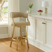 Beth Swivel Barstool Chair, Gold Steel, Sand Brown Faux Leather - BM339142