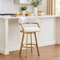 Beth Swivel Barstool Chair, Gold Stainless Steel, White Faux Leather - BM339144