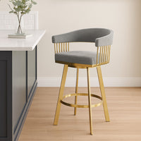 Luci Swivel Barstool Chair, Gold Steel, Tapered Legs, Gray Polyester - BM339152