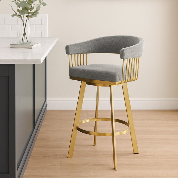 Luci Swivel Barstool Chair, Gold Steel, Tapered Legs, Gray Polyester - BM339152