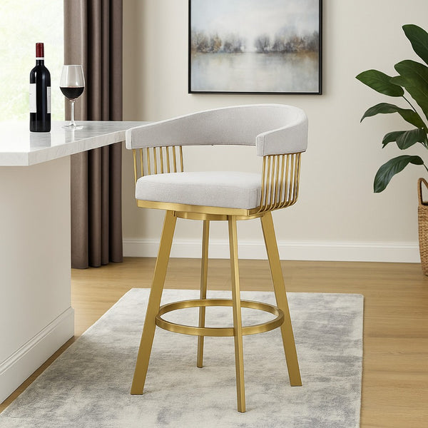 Luci Swivel Barstool Chair, Gold Steel, Taper Legs, Silver Polyester - BM339154
