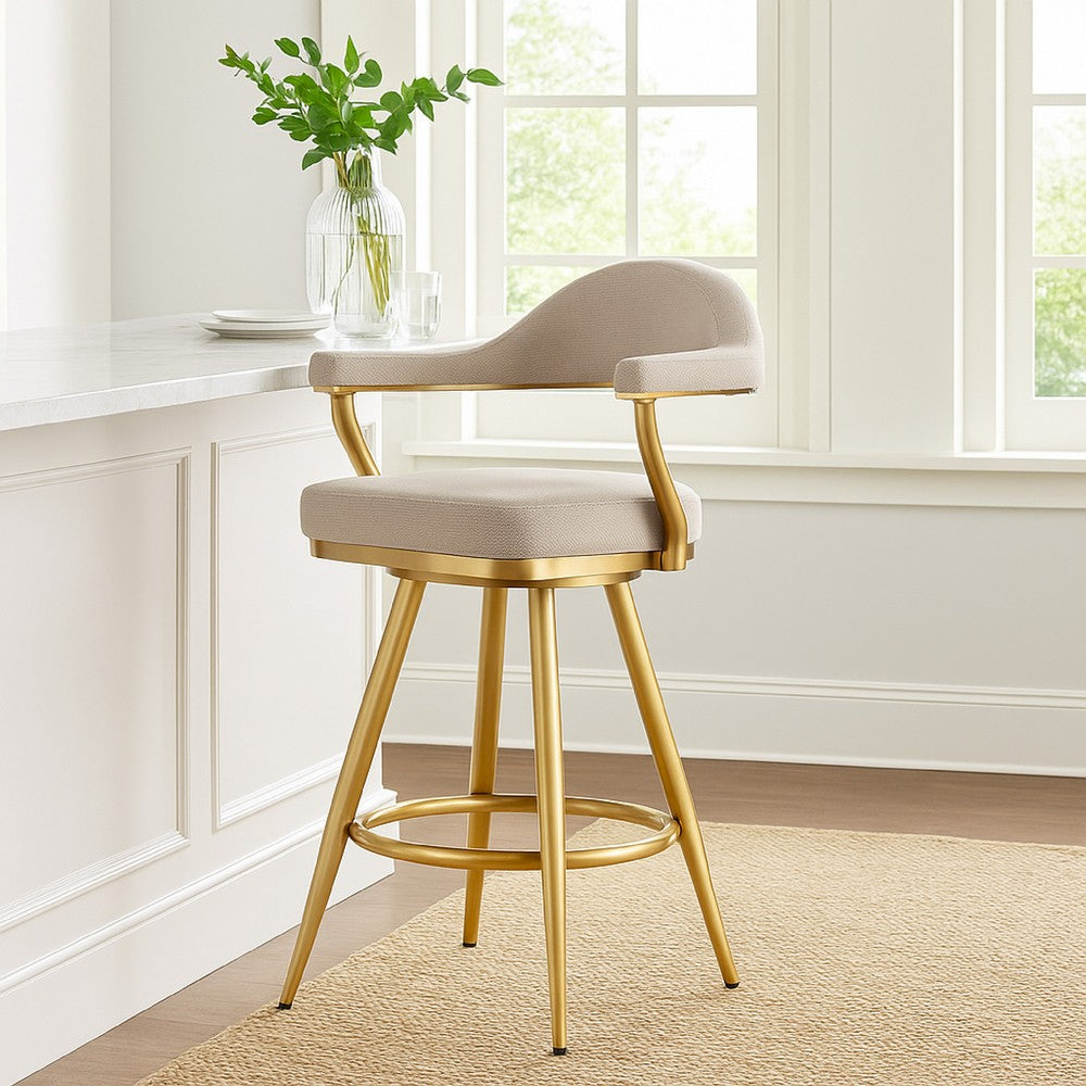 Justy Swivel Counter Stool Chair, Gold Steel Legs, Taupe Polyester - BM339155